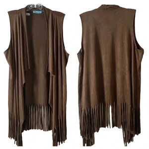 DOUBLE CLICK | Brown Faux Suede Waterfall Collar Fringe Hem Vest Size L (No tag)